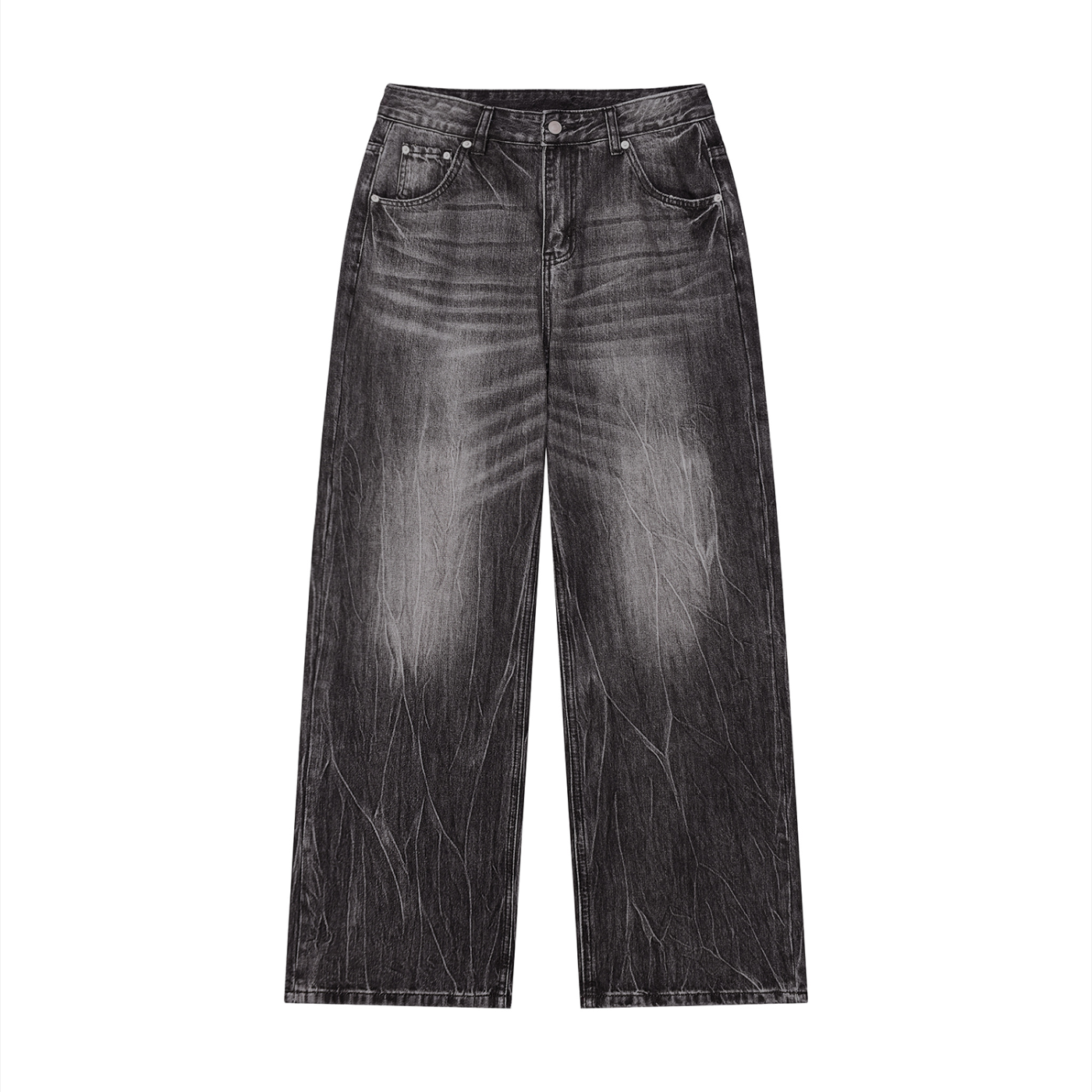 Wide-leg black jeans with a faded effect and subtle whiskering on the thighs.