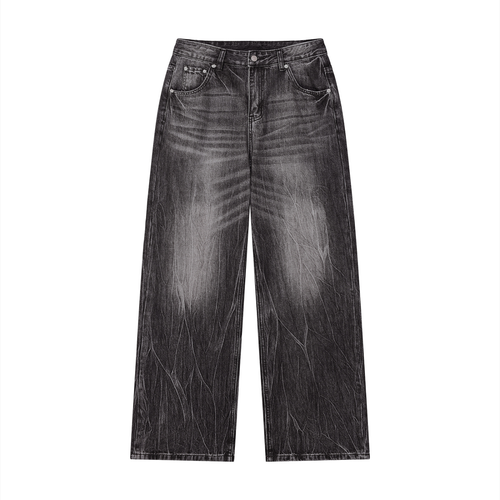 Wide-leg black jeans with a faded effect and subtle whiskering on the thighs.