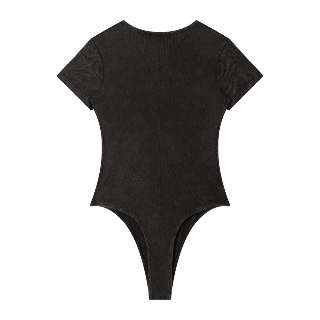 Black short-sleeve bodysuit with a round neckline and high-cut leg openings, shown from the back.