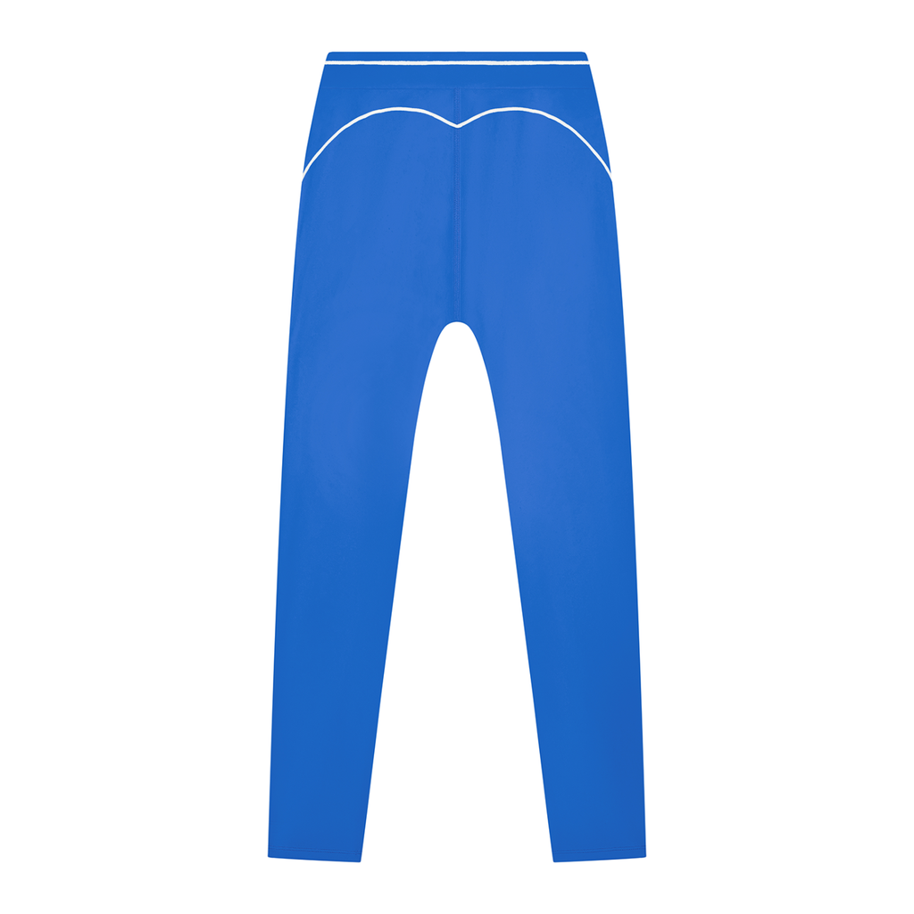 Blue pants with white trim, featuring a curved line design at the waist.