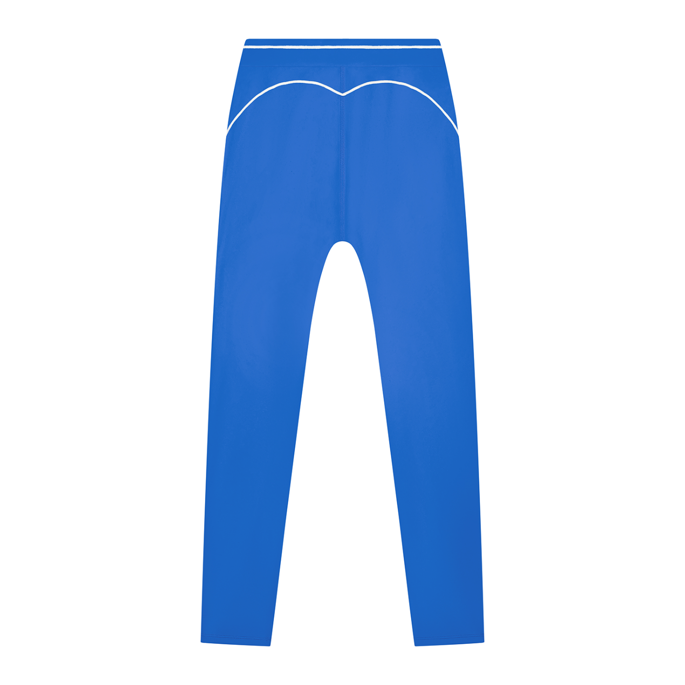Blue pants with white trim, featuring a curved line design at the waist.
