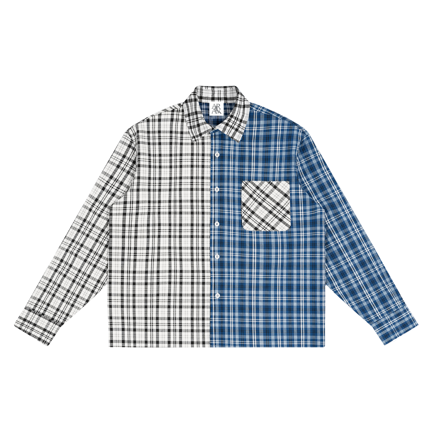 Half black-and-white, half blue plaid shirt with a front pocket on the blue side.