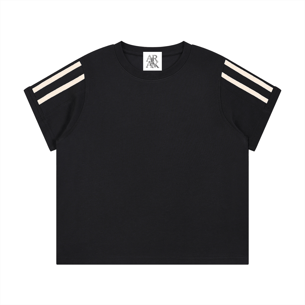 Black T-shirt with short sleeves and three white stripes on each shoulder.