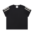 Black T-shirt with short sleeves and three white stripes on each shoulder.