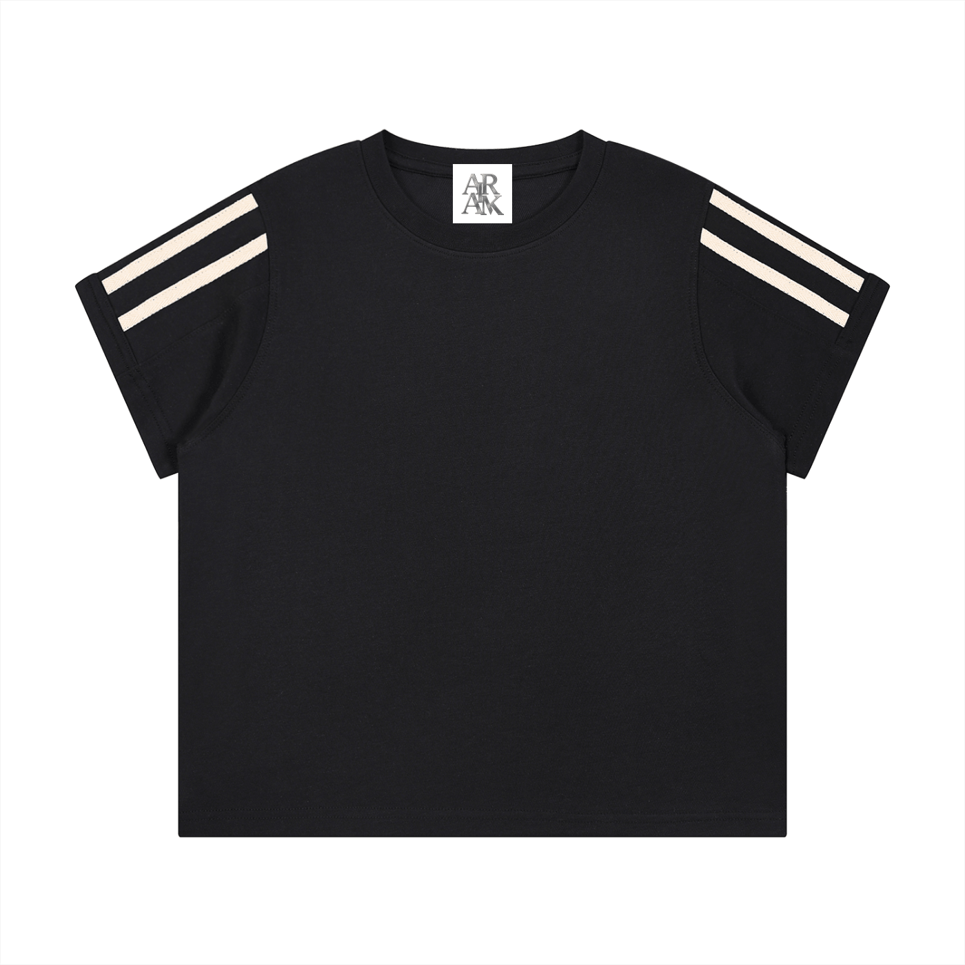 Black T-shirt with short sleeves and three white stripes on each shoulder.