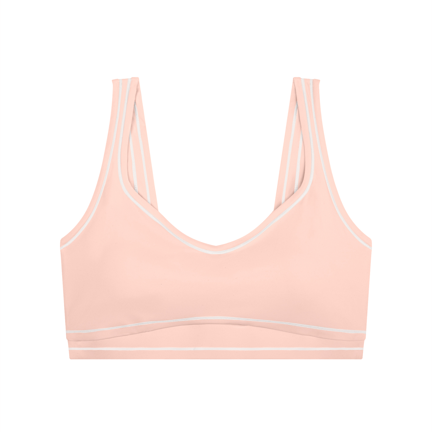 Light pink sports bra with double straps and white trim accents.