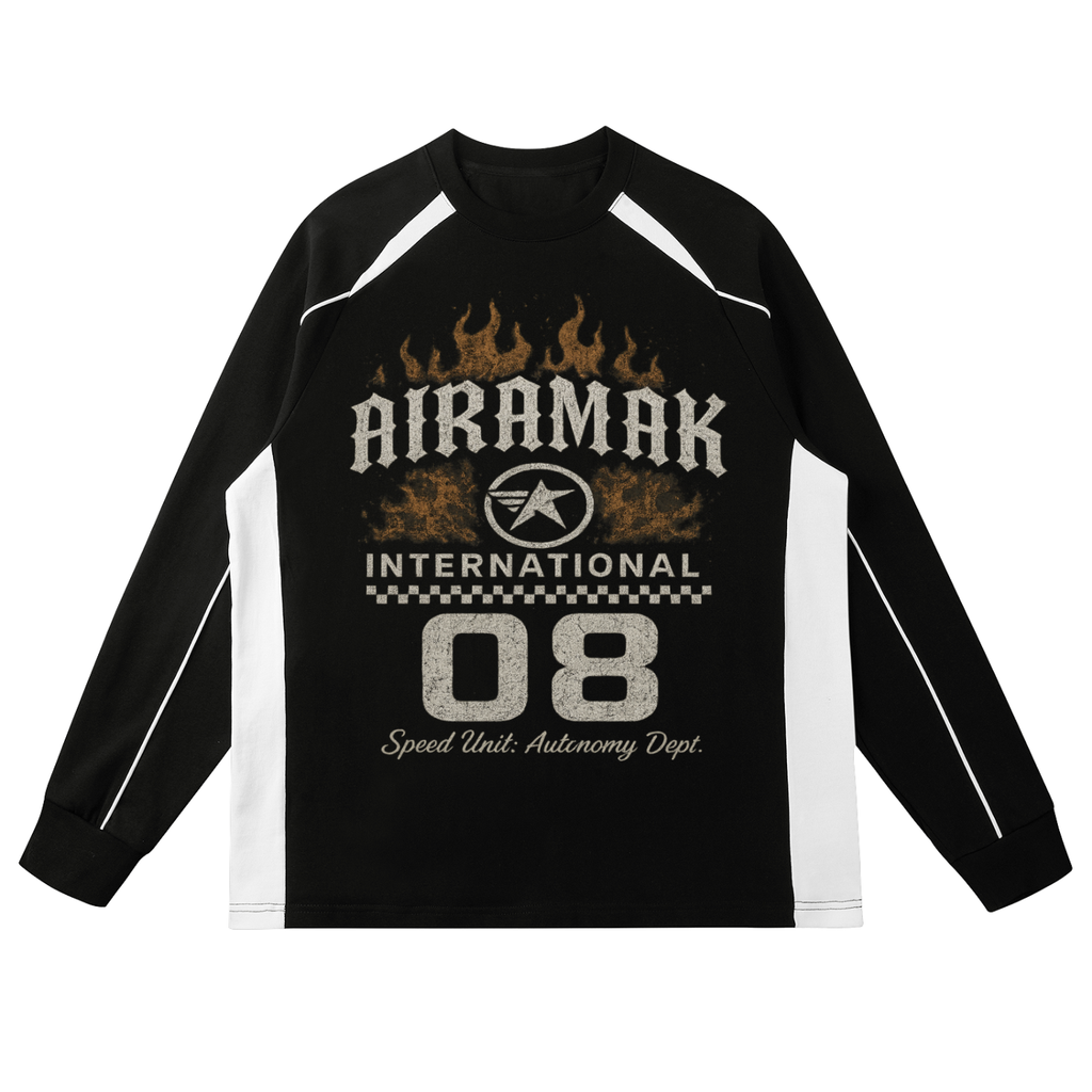 Black and white long-sleeve shirt with "AIRAMAK" text, star logo, flames, and "08" on front.