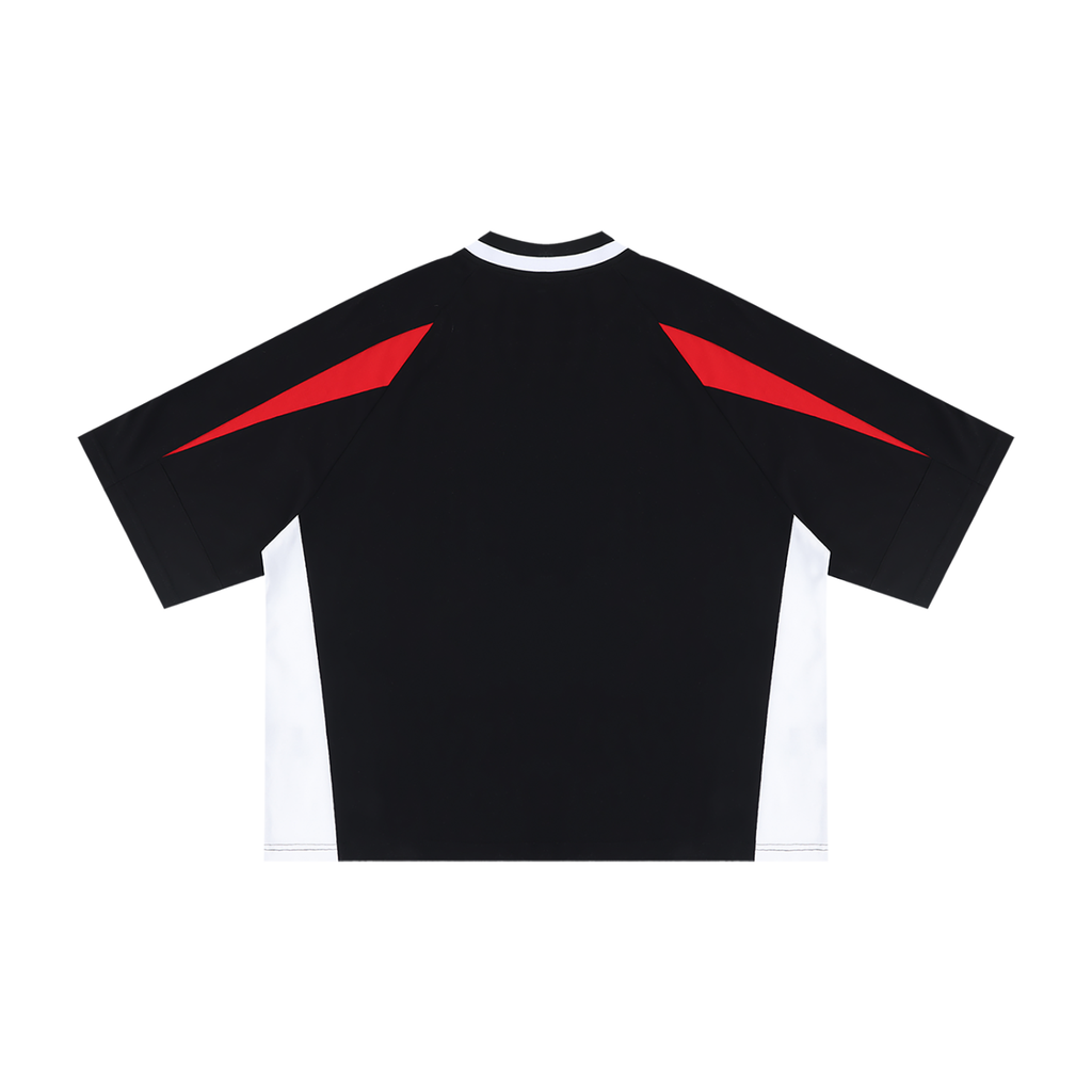 Black T-shirt with red shoulder accents and white side panels, shown from the back.