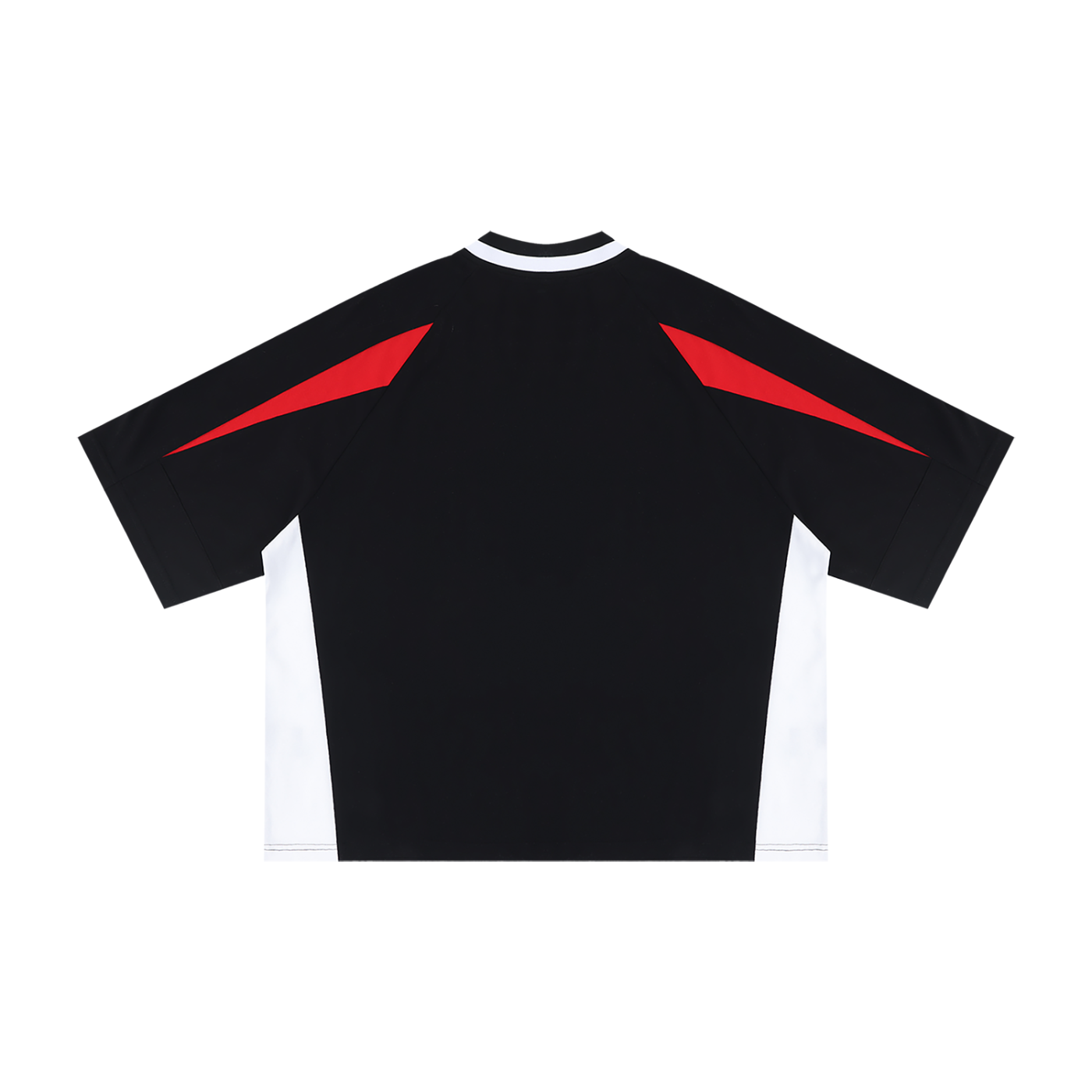 Black T-shirt with red shoulder accents and white side panels, shown from the back.