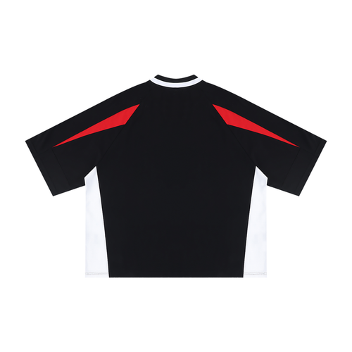 Black T-shirt with red shoulder accents and white side panels, shown from the back.