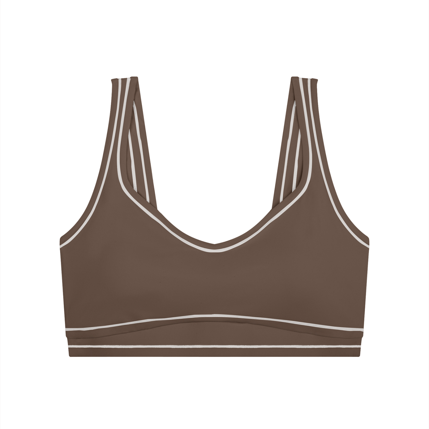 Brown sports bra with double straps and white trim on a white background.