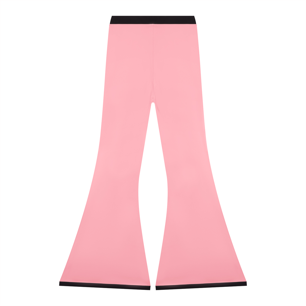Pink flared pants with black waistband and hem on a white background.