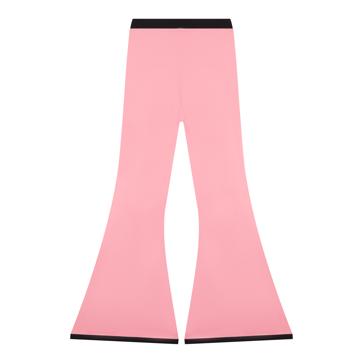 Pink flared pants with black waistband and hem on a white background.