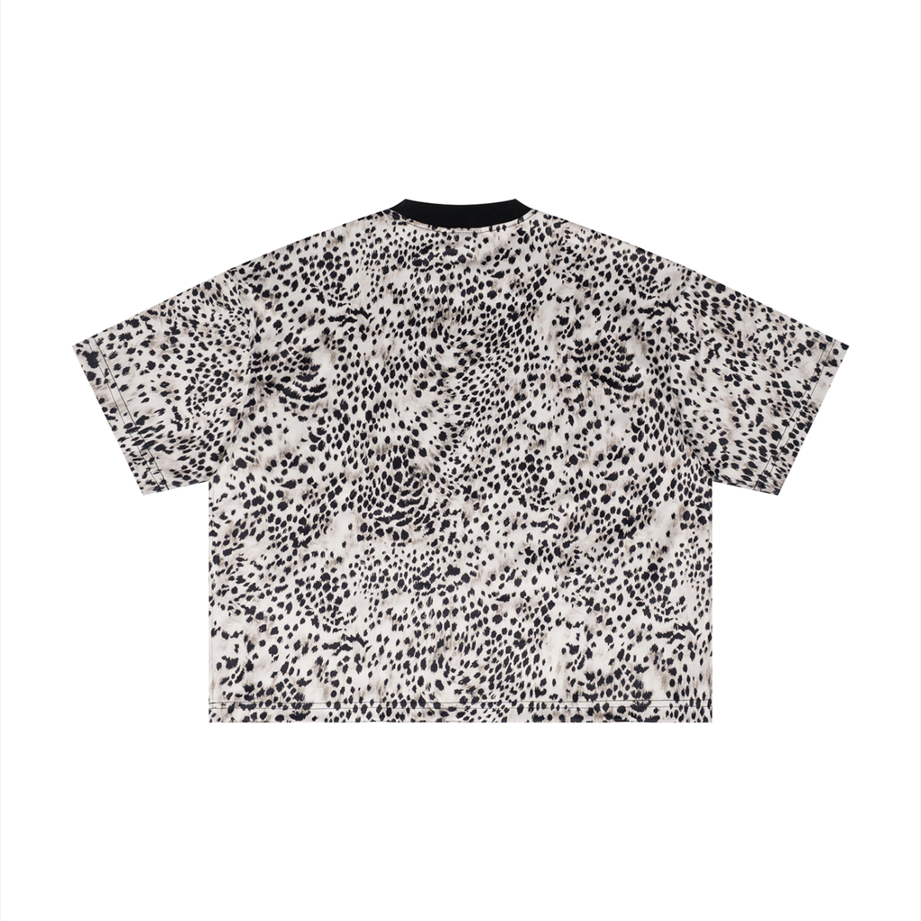 White T-shirt with black leopard print pattern, short sleeves, and a black collar.