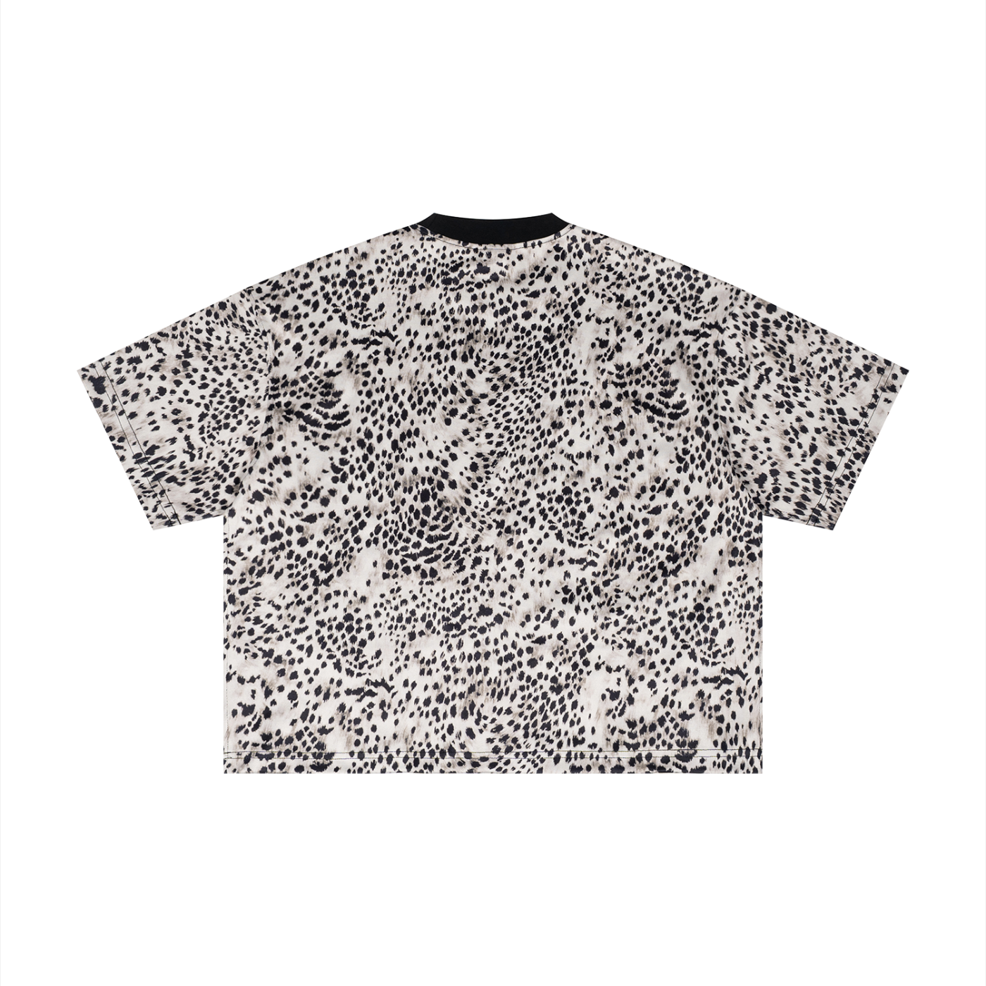 White T-shirt with black leopard print pattern, short sleeves, and a black collar.