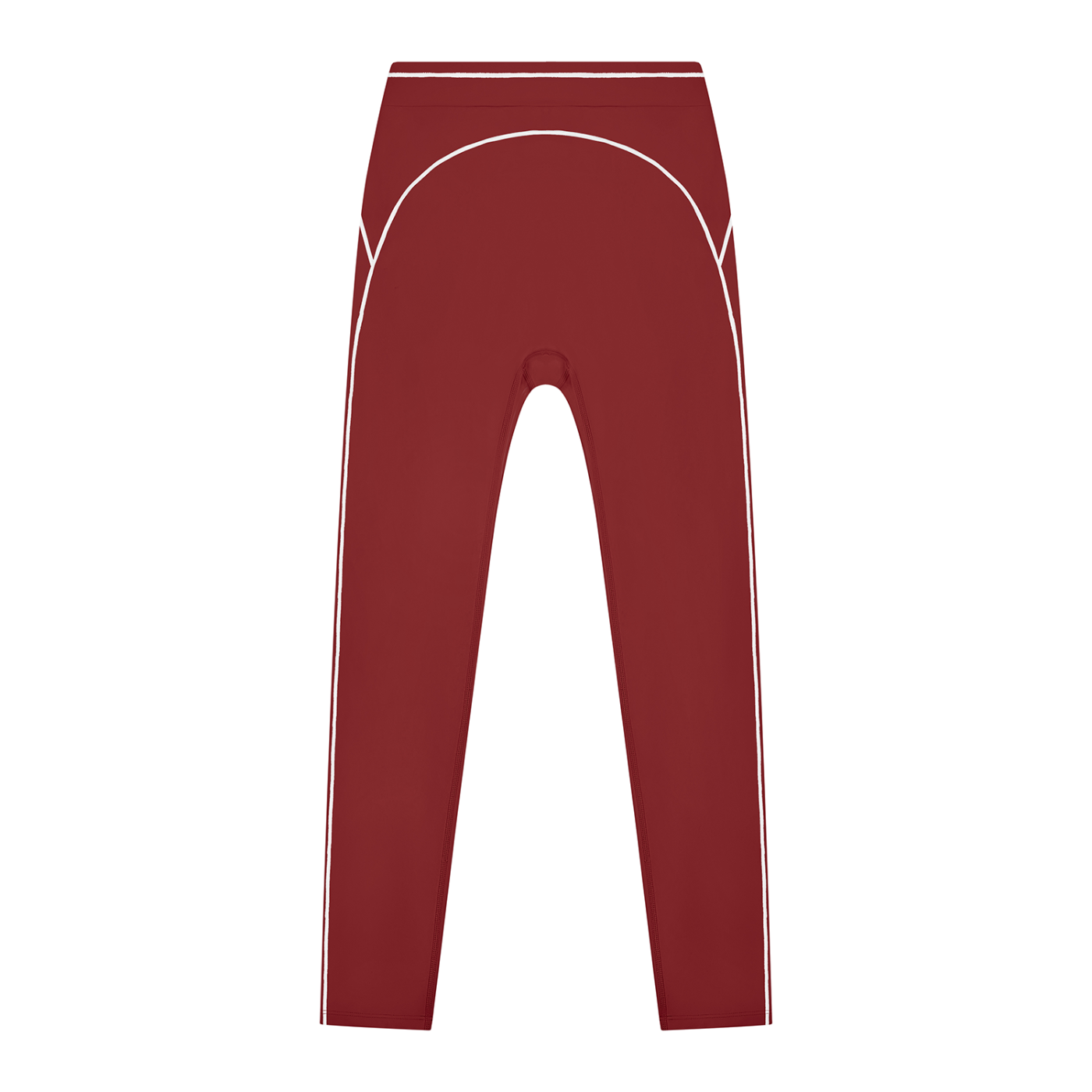 Dark red leggings with white seams and a high waist, laid flat against a white background.