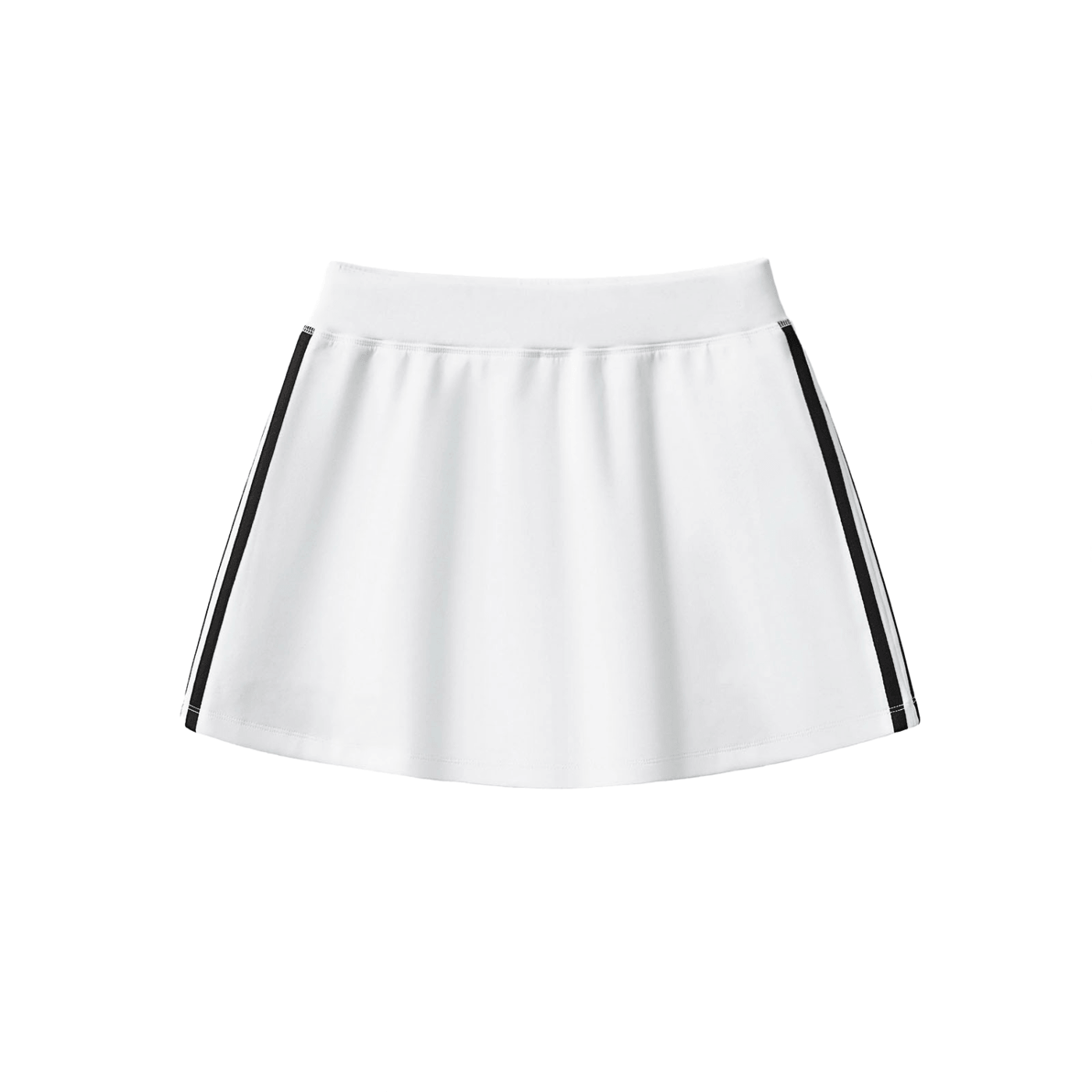 White pleated skirt with black side stripes, wide waistband, and a flared silhouette.