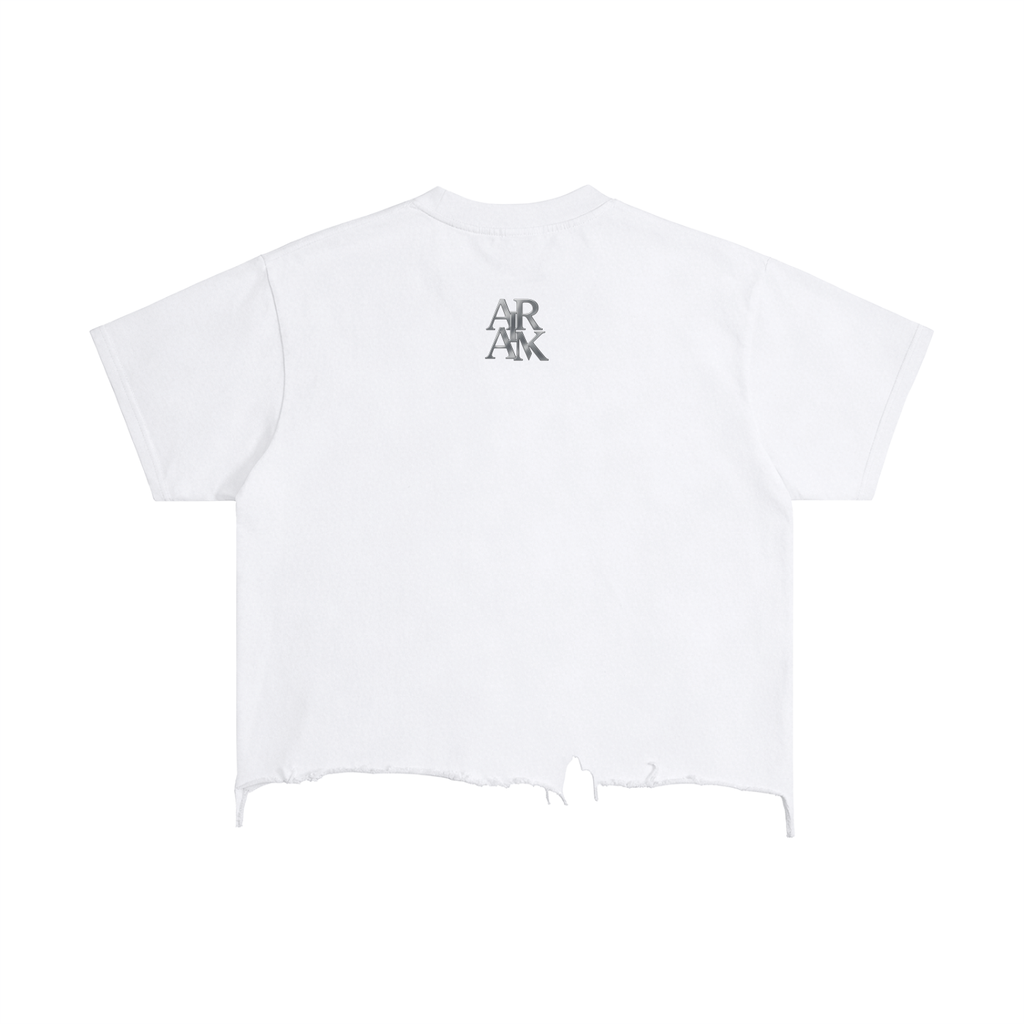 White T-shirt with frayed hem and overlapping gray “AR” logo on the back.