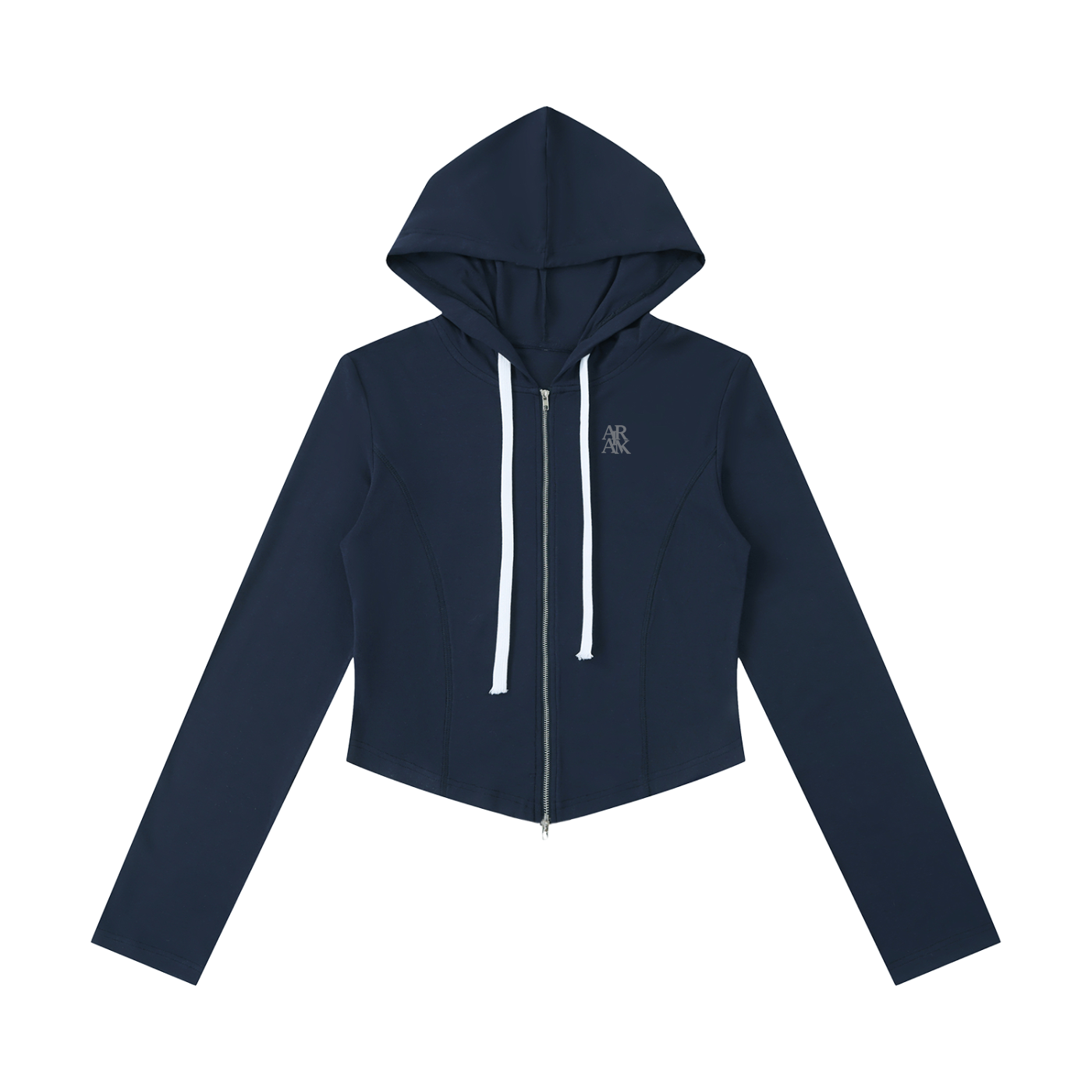 Dark navy cropped hoodie with long sleeves, white drawstrings, front zipper, and small chest logo.