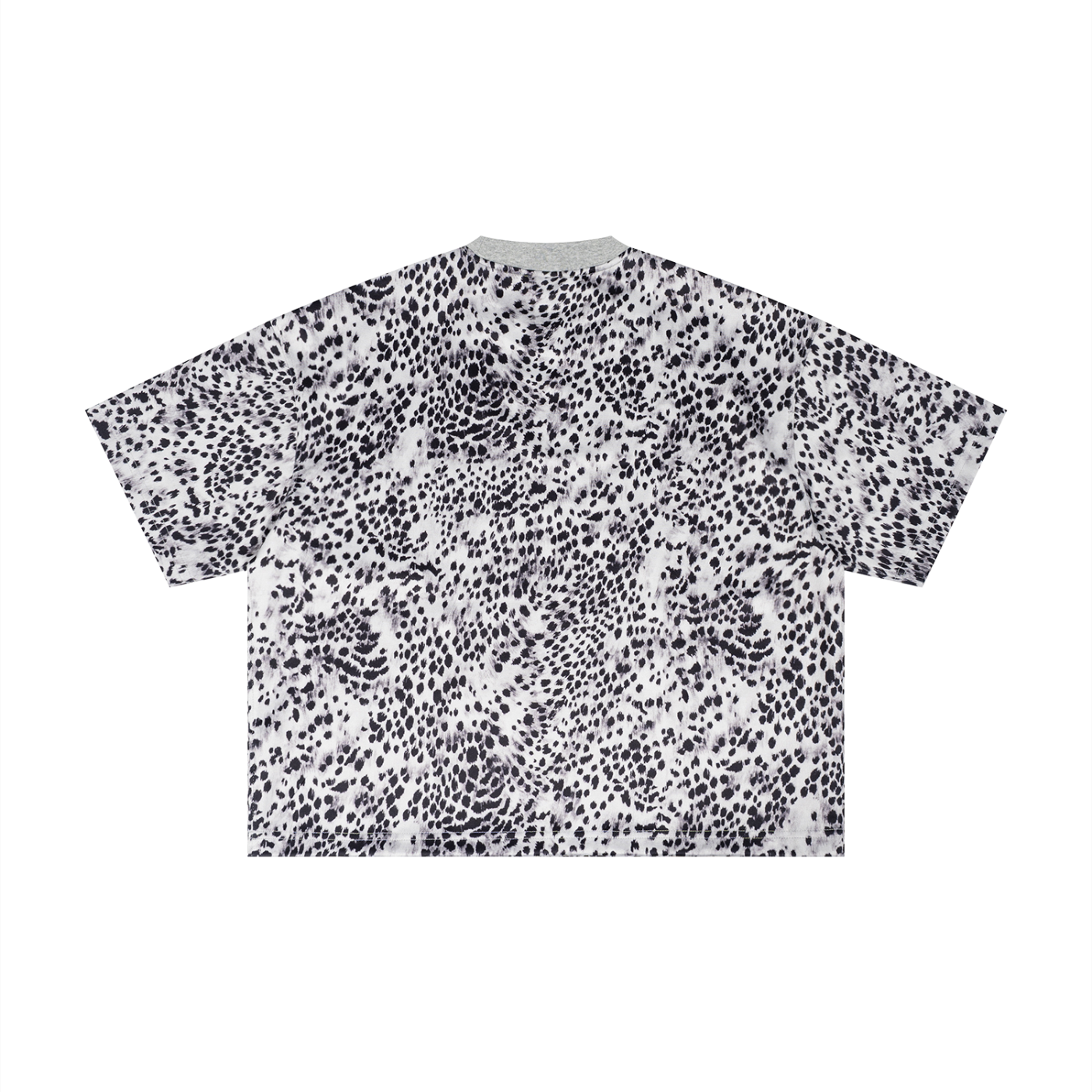 White T-shirt with a black dotted pattern, short sleeves, and a light gray collar.