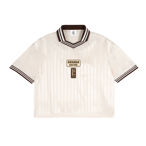 Cream shirt with dark striped collar and sleeves, featuring "AIRAMAK RACING" logo on front.