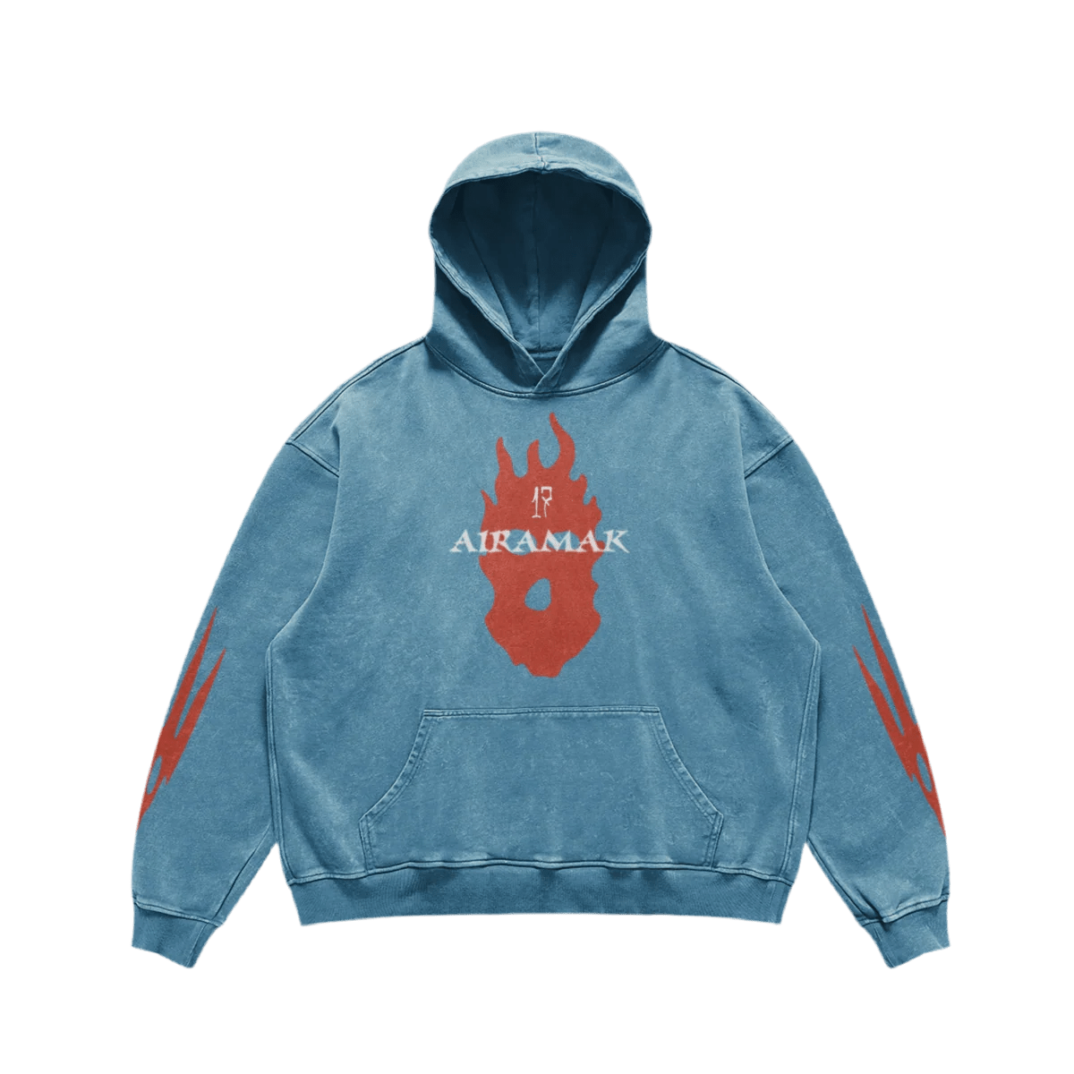 Blue hoodie with red flame design and white "AIRMÄK" text, featuring red claw marks on sleeves.