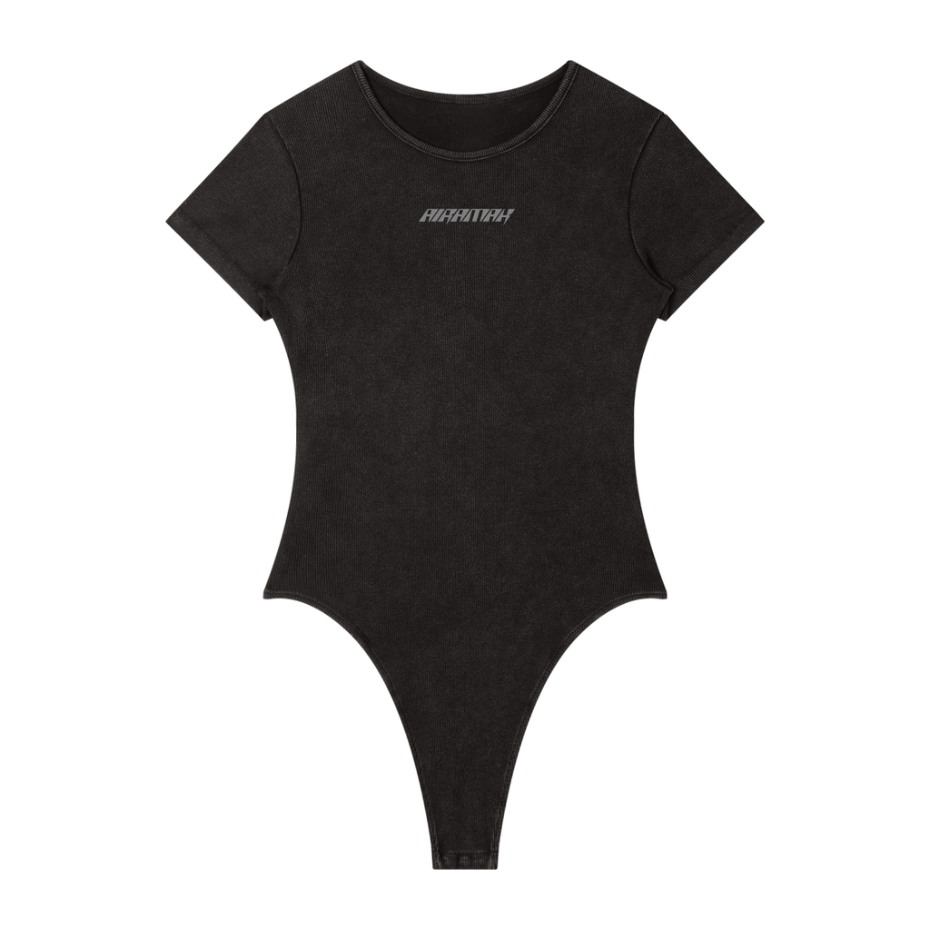 Black short-sleeve bodysuit with a round neckline and a small logo on the chest.