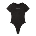 Black short-sleeve bodysuit with a round neckline and a small logo on the chest.