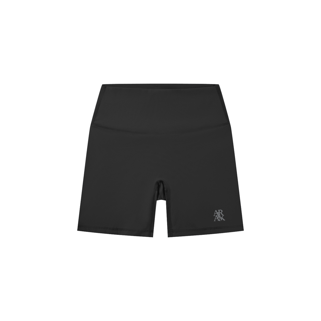 Black high-waisted shorts with a small logo on the lower left.