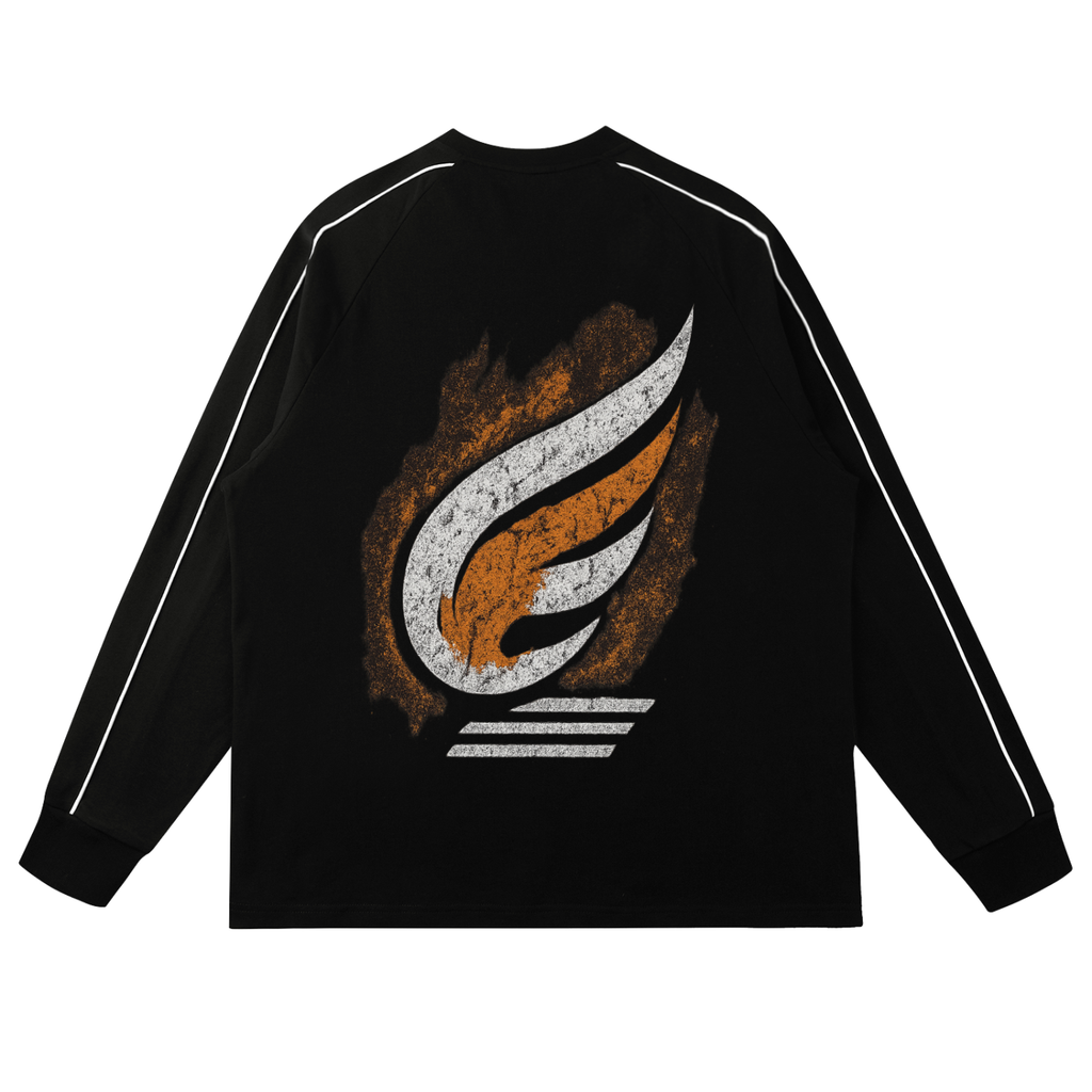 Black shirt with a white and orange wing design on the back, featuring white stripes on sleeves.