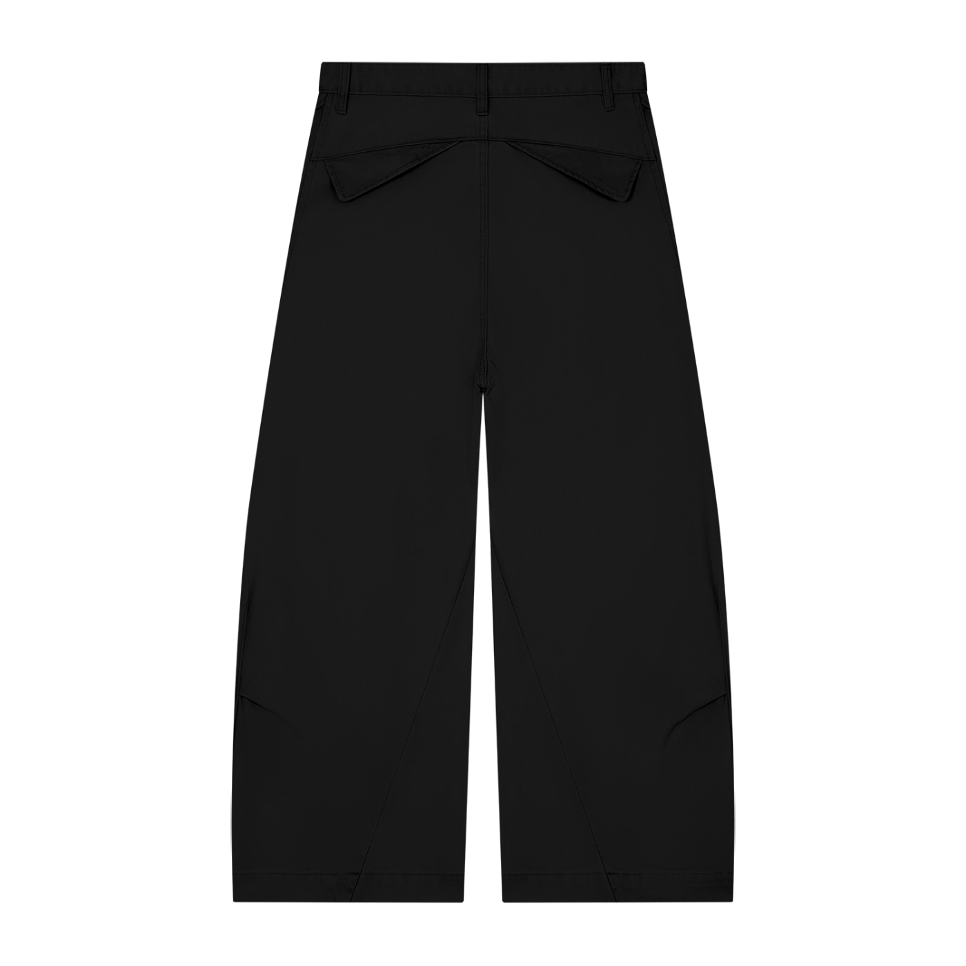 Black wide-leg pants with front pleats and pockets, viewed from the front against a white background.