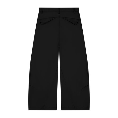 Black wide-leg pants with front pleats and pockets, viewed from the front against a white background.