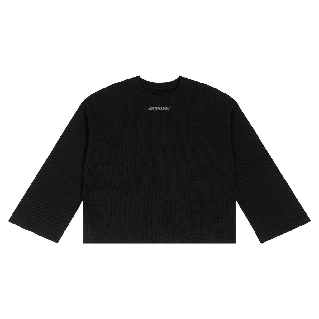 Black long-sleeve shirt with white text on chest, laid flat on a white background.