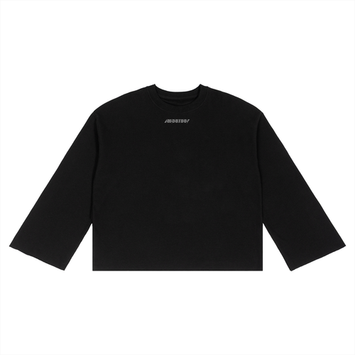 Black long-sleeve shirt with white text on chest, laid flat on a white background.