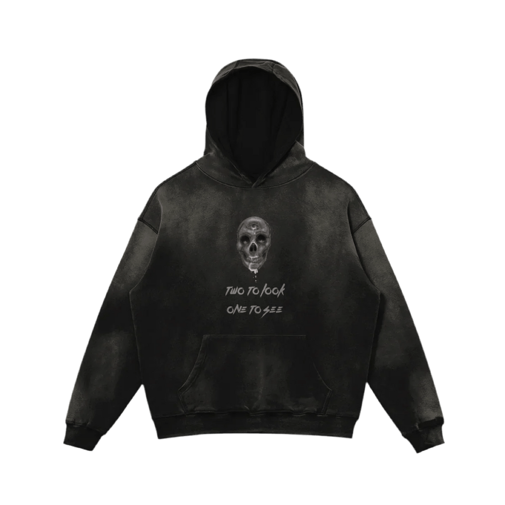 Black hoodie with a skull and eye graphic, featuring the text "Two to look, one to see."