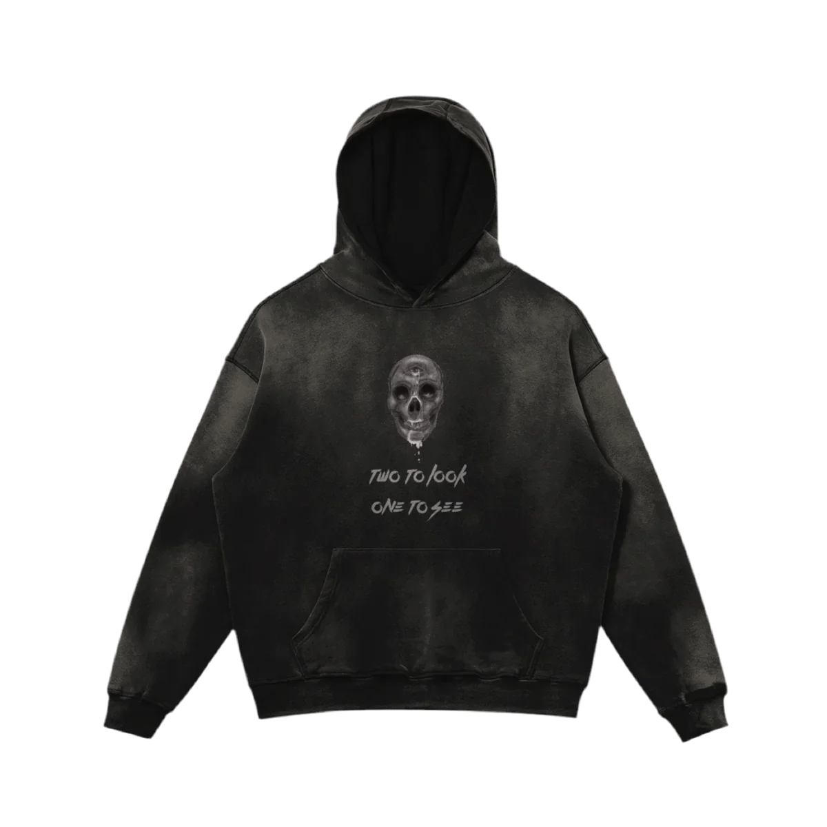 Black hoodie with a skull and eye graphic, featuring the text "Two to look, one to see."