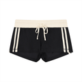 Black shorts with a cream waistband and drawstring, featuring three cream stripes on each side.