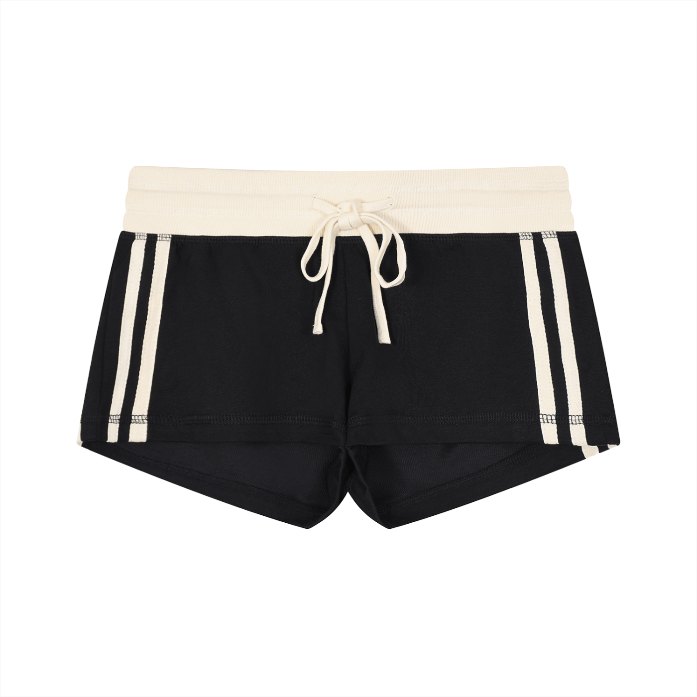 Black shorts with a cream waistband and drawstring, featuring three cream stripes on each side.