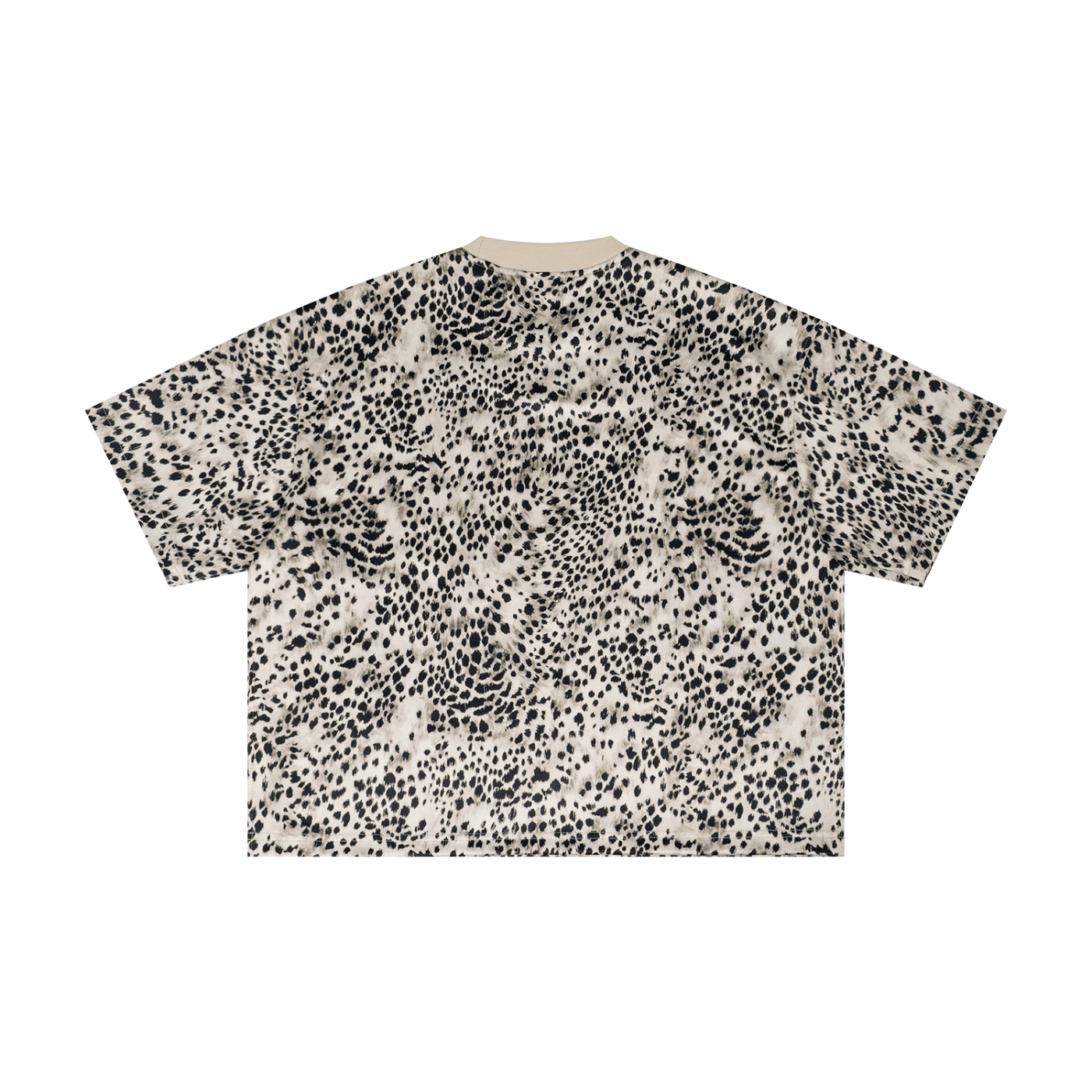 Beige short-sleeve shirt with black abstract leopard spots pattern.