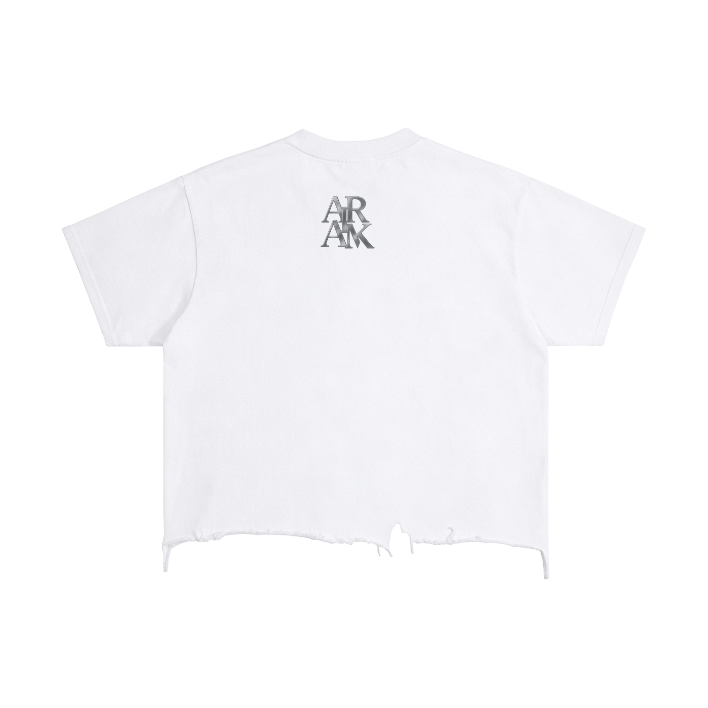White T-shirt with "ARM" text on back, distressed hem.