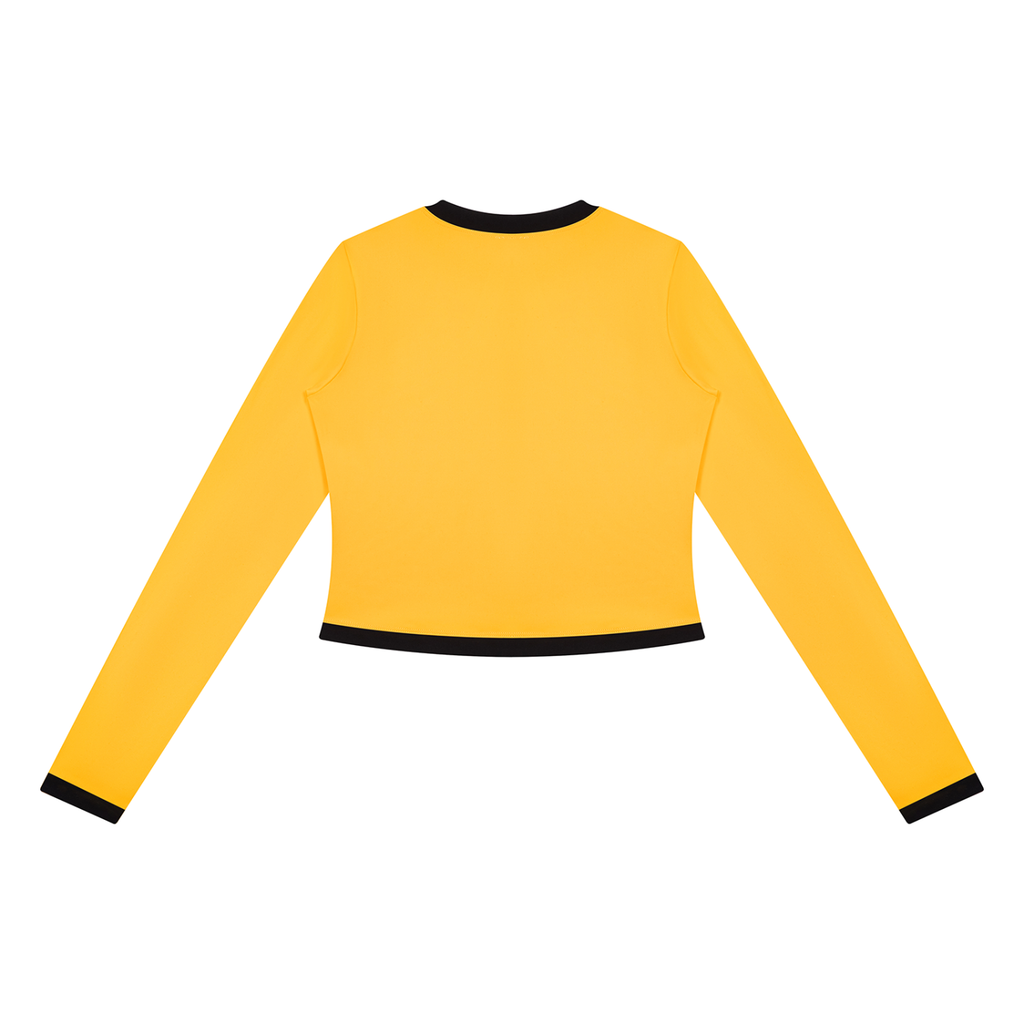 Yellow long-sleeve top with black trim on collar, cuffs, and hem, shown from the back.