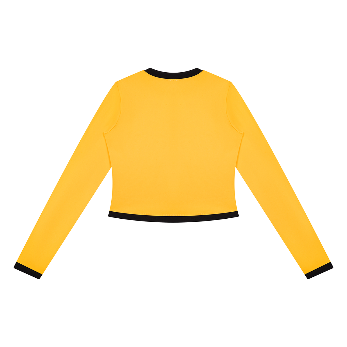 Yellow long-sleeve top with black trim on collar, cuffs, and hem, shown from the back.