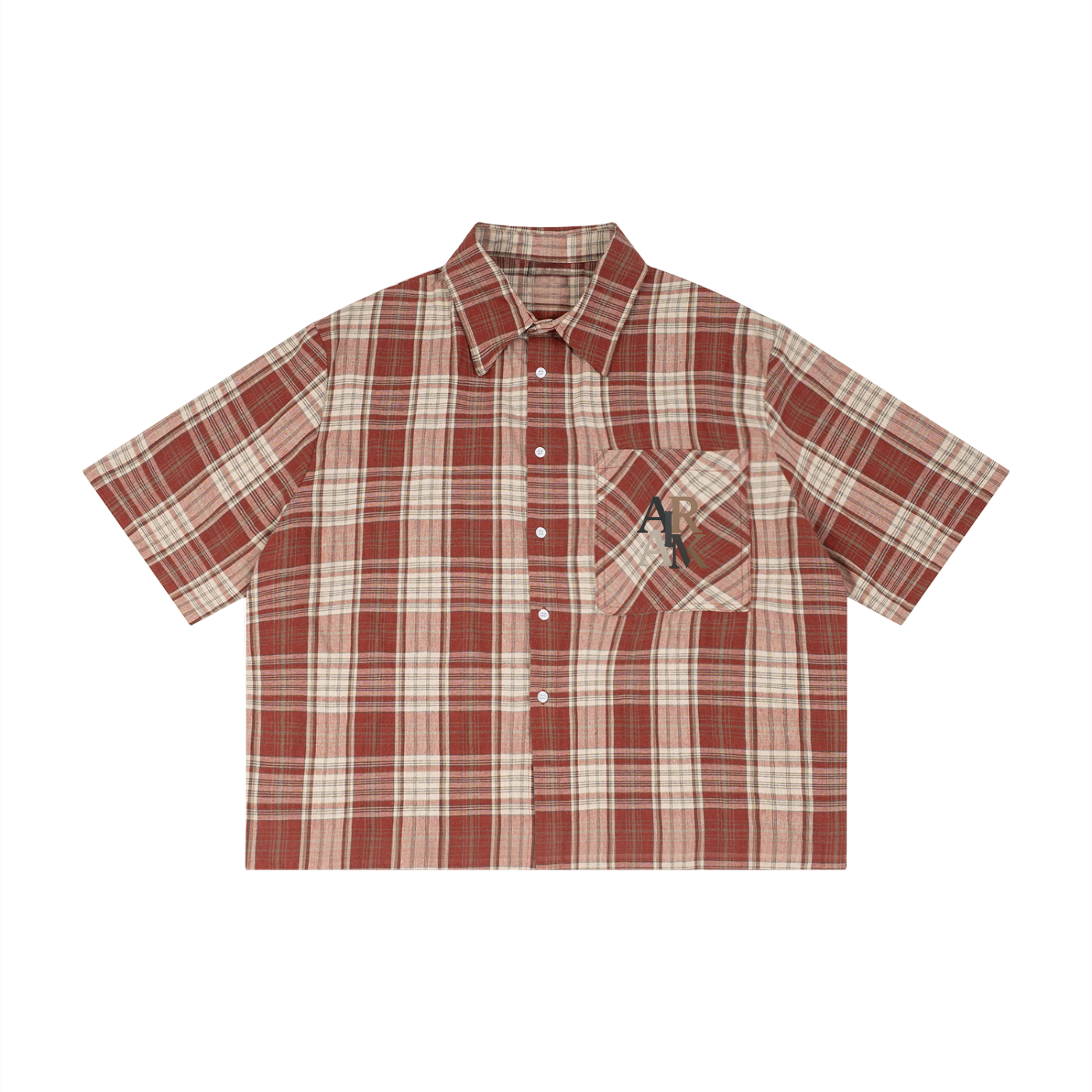 Red and beige plaid short-sleeve shirt with a front pocket and button-up design.
