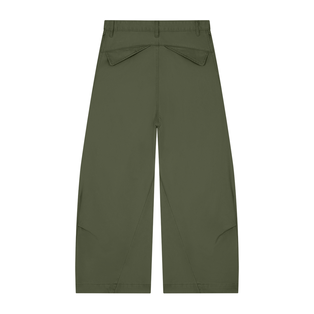 Olive green wide-leg pants with buttoned back pockets and belt loops.
