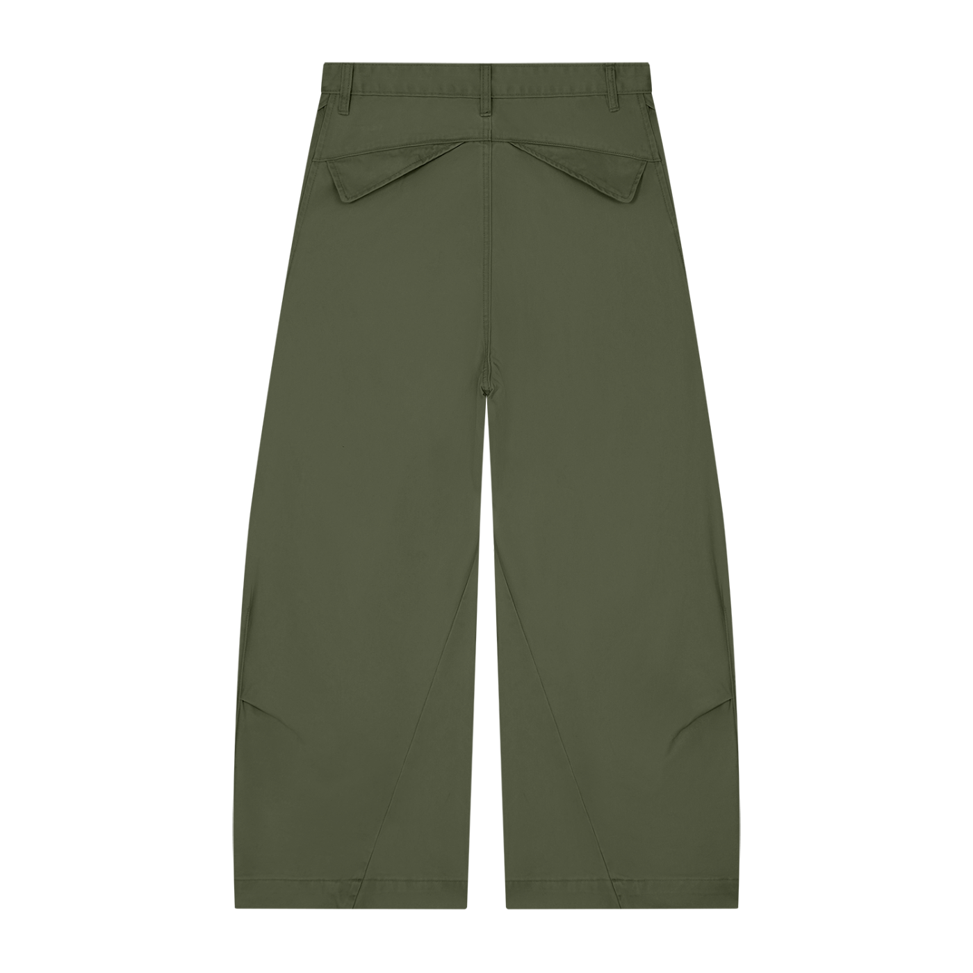 Olive green wide-leg pants with buttoned back pockets and belt loops.
