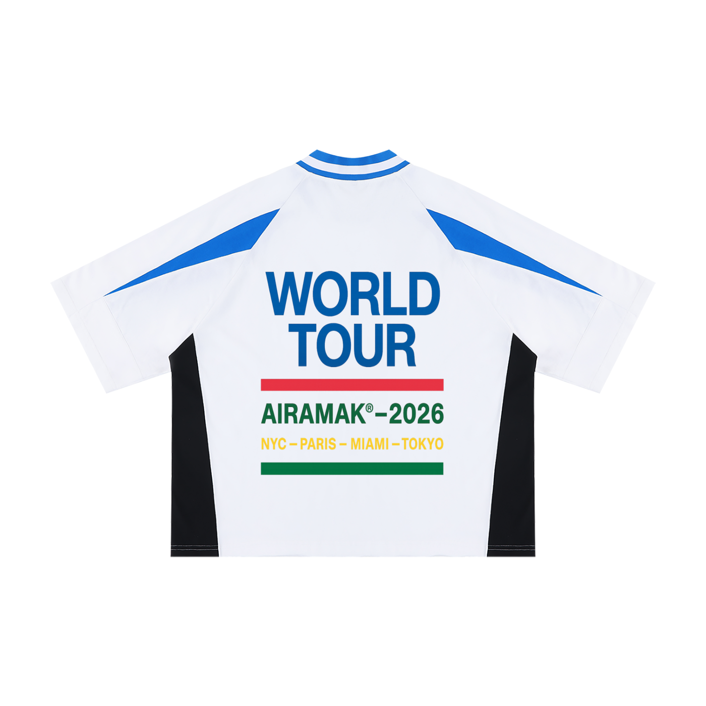 White jersey with blue accents, "World Tour AIRAMAK 2026" text, cities listed below.
