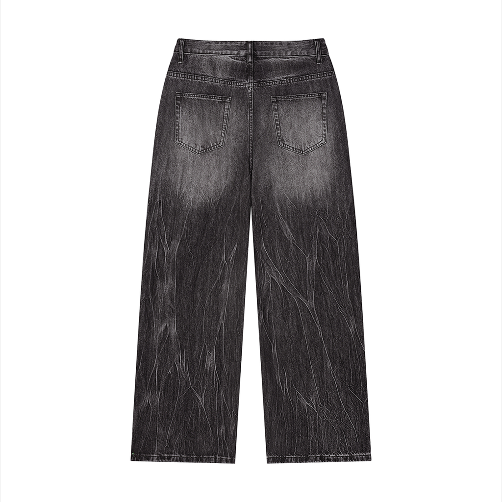 Back view of black wide-leg jeans with a faded texture and two back pockets on a white background.