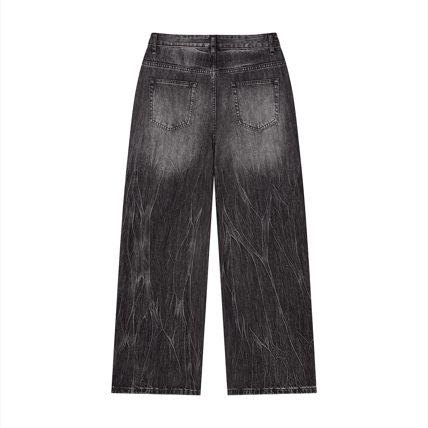 Back view of black wide-leg jeans with a faded texture and two back pockets on a white background.