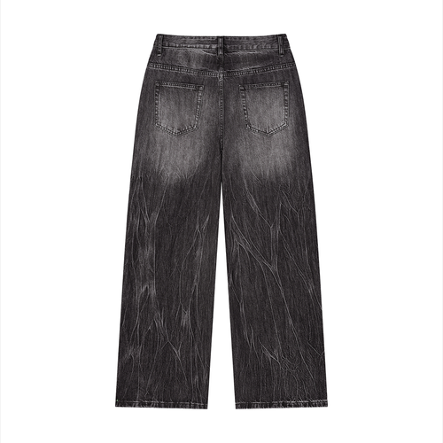 Back view of black wide-leg jeans with a faded texture and two back pockets on a white background.
