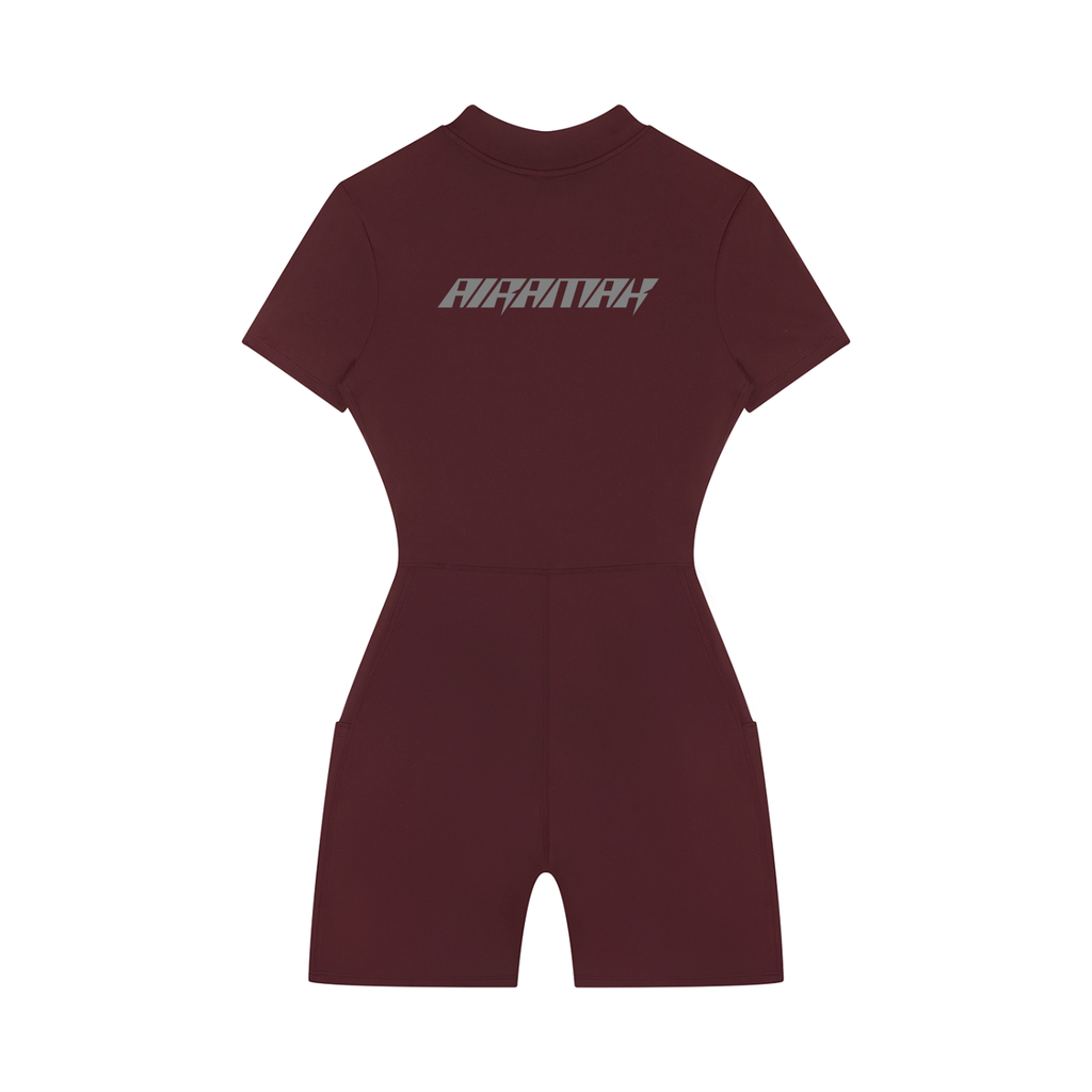 Dark maroon short-sleeve romper with silver text on the chest, form-fitting design.